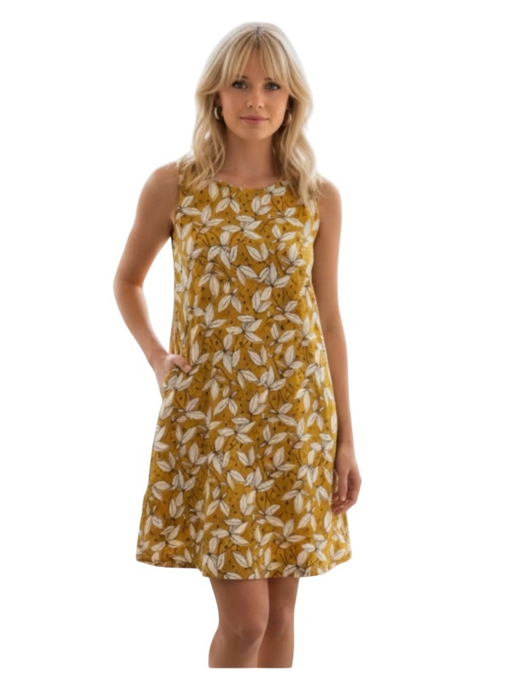 Rachel Zoe women's leave/floral sleeveless sun dress Sz.S/M 100% linen w/pockets